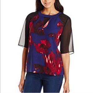 DKNYC Floral Chiffon Black Blue Red Blouse S